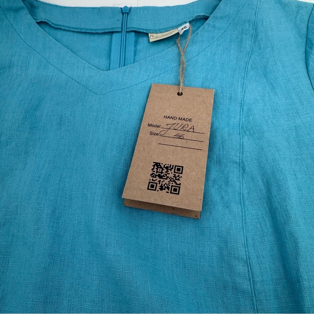 NWT Baltic Jura Linen Womens Size 46 Blue Midi Dress Short Sleeve V Neck Pockets - Picture 5 of 14